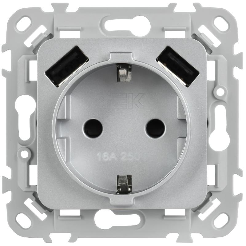 FLITE Розетка с заземлением со шторками 16А с USB A+A 3,1А быстрозажимные клеммы РСЮша11-1-ФлА алюминий | FI-R14-16-1-U21-D31-K47 | IEK — миниатюра 2