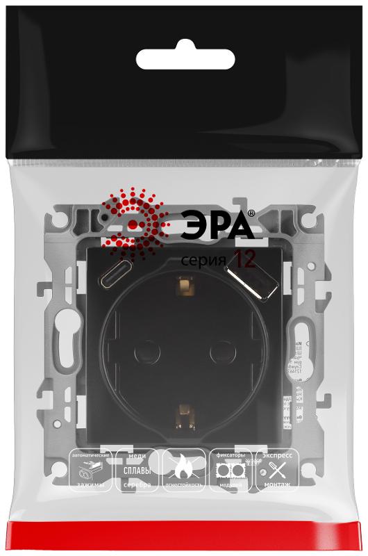 Розетка  Серия 12 12-4108-06 2P+E 16A-250В со шторками с USB type-A+C 5В-3А чёрный | Б0067746 | ЭРА — миниатюра 2