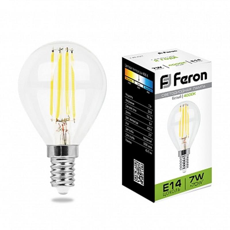 Лампа светодиодная LB-52 (7W) 230V E14 4000K филамент G45 прозрачная | 25875 | FERON — миниатюра 1