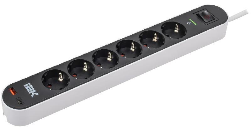 Фильтр сетевой СФ-06К 16А USB A+C 20Вт 3м 3х1,5мм2 чер.  | WFP10-16-06-03-ZKU-K02 | ИЭК — IEK (ИЭК)