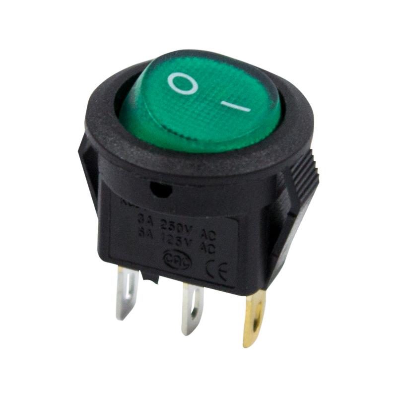 Выключатель клавишный круглый 250V 3А (3с) ON-OFF зеленый с подсветкой Micro | 36-2533 | REXANT — REXANT
