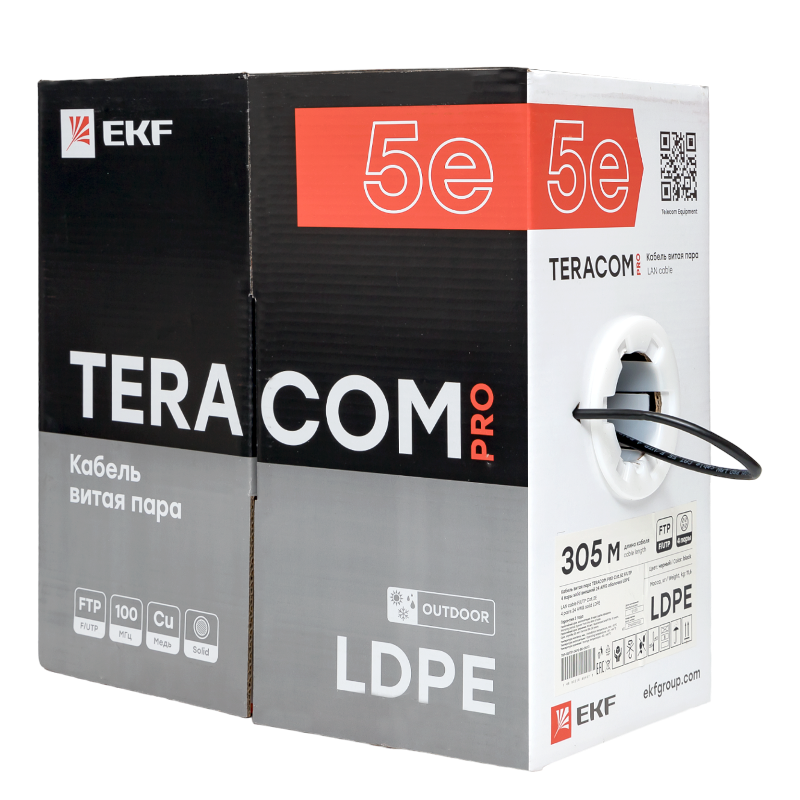 Кабель витая пара TERACOM PRO Cat.5E F/UTP 4 пары solid внешний 24AWG черный упак. 305м | TRP-5EFTP-04PE-BK-OUT3 | EKF — миниатюра 9