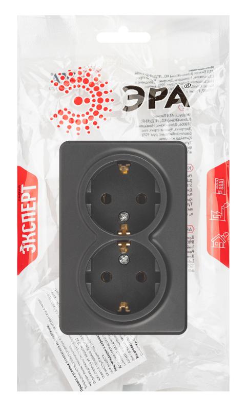 Розетка ЭРА Эксперт 11-2205-05 двойная с заземлением 2х2P+E Schuko IP20 16A-250В ОУ Антрацит | Б0063047 | ЭРА — миниатюра 2