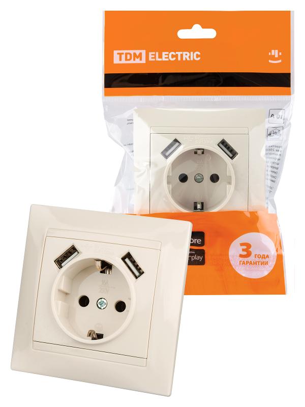 Розетка 2П+З 16А 250В + 2 USB порта 2,1А 5В сл.кость "Лама" | SQ1815-0142 | TDM — TDM ELECTRIC