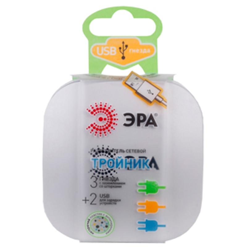 Тройник SP-3e-USB-2A  3гн 220V + 2xUSB 2000mA, c заземл, со шт (белый) (6/36/864) |Б0015243 | ЭРА — миниатюра 2