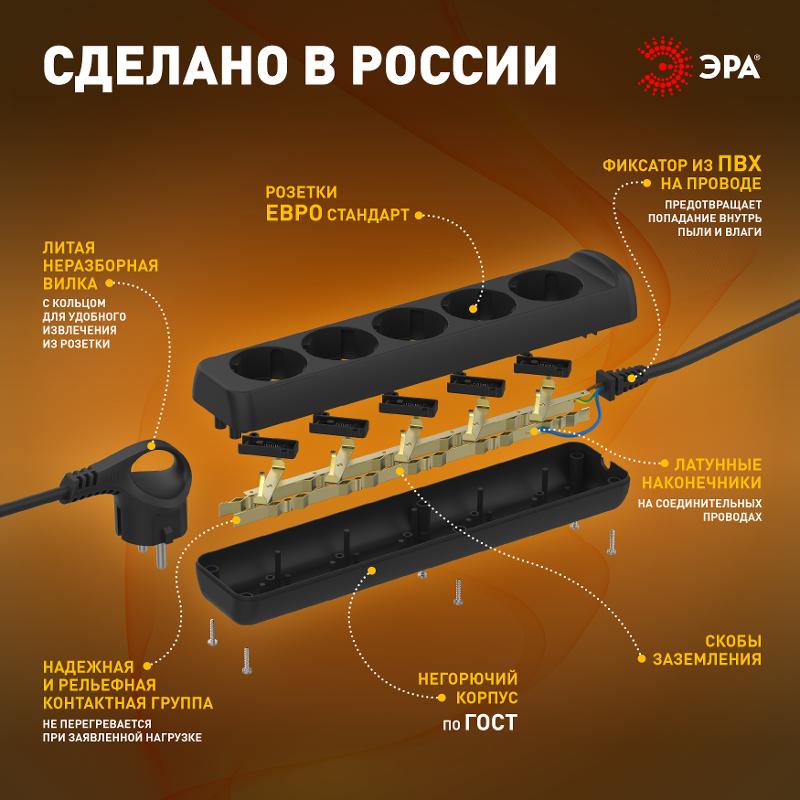 Удлинитель электрический UX-5e-1,5m-B с заземлением 5 розеток 1,5 м ПВС 3х0,75мм2 10А черный | Б0057724 | ЭРА — миниатюра 3