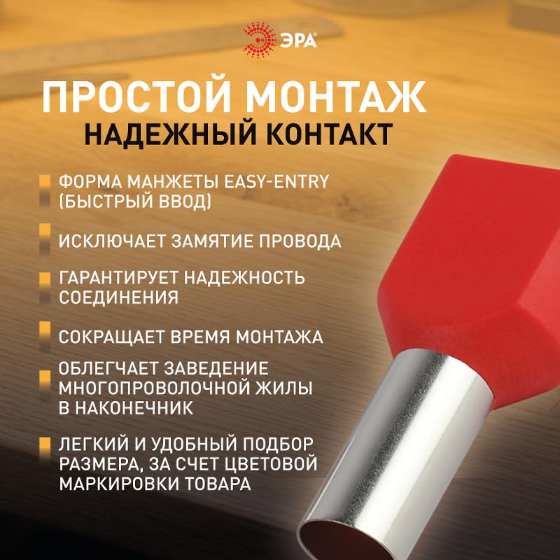 Наконечник-гильза ЭРА NO-225-107 (двойной) НШвИ(2) 10,0-14 с изолированным фланцем (упаковка 50 шт.)  | Б0063342 | ЭРА — миниатюра 2