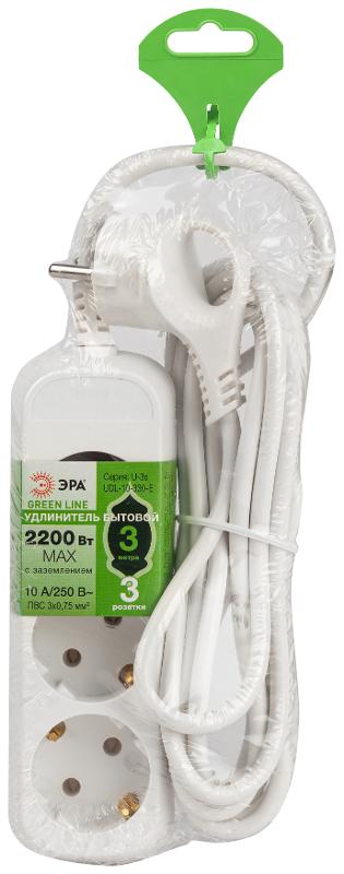 Удлинитель электрический ЭРА UDL-10-330-E Greenline 3 розетки с заземлением 3м ПВС 3x0.75мм2  | Б0065037 | ЭРА — миниатюра 3