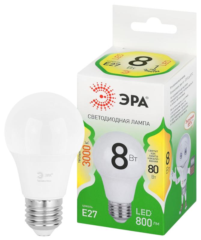 Лампа светодиодная  GREEN LINE LED A60-8W-830-E27 GL E27 8 Вт теплый свет | Б0067105 | ЭРА — ЭРА (Энергия света)
