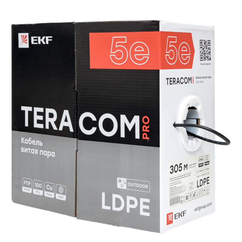 Кабель витая пара TERACOM PRO Cat.5E F/UTP 4 пары solid внешний 24AWG черный упак. 305м | TRP-5EFTP-04PE-BK-OUT3 | EKF — миниатюра 15