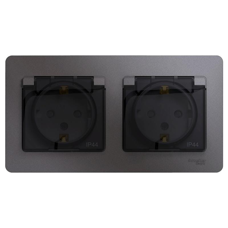 Glossa Графит Розетка 2-ая с з/к, со шторками (в сборе), IP44 | GSL001347 | SE — Systeme Electric