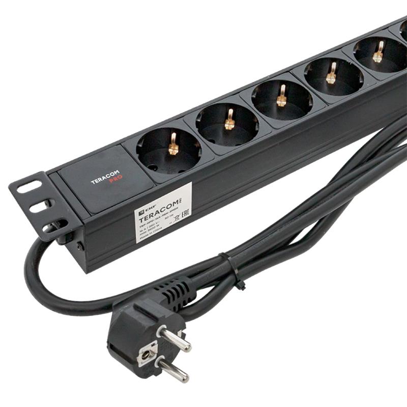 Блок розеток PDU TERACOM PRO 19" 1U 16А/250В 9 розеток Schuko 2 м 3x1,5 мм2 вилка Schuko | TRP-HPD-16A-9SH-2MSH | EKF — миниатюра 3