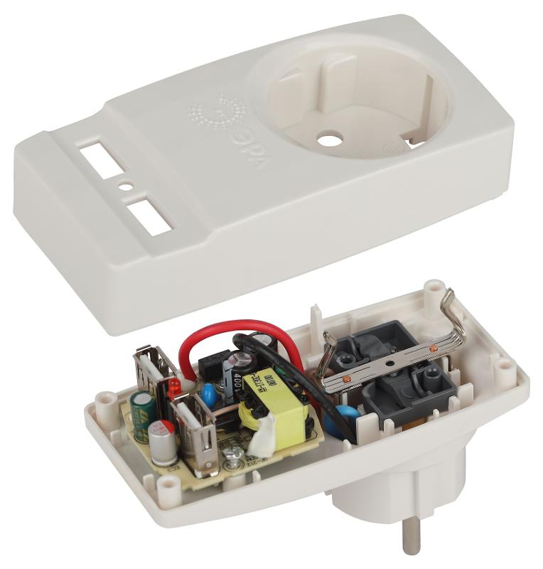 Адаптер SP-1e-USB-W "Polynom" 1гн 220V + 2xUSB 2100mA, c заземл, (белый) (10/60/1440) | Б0026332 | ЭРА — миниатюра 5