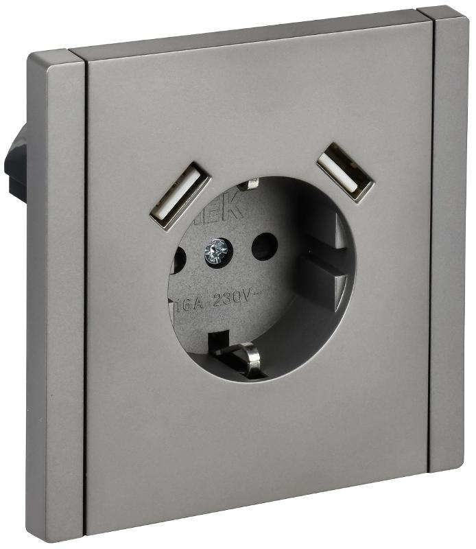 FORTE&PIANO Розетка с заземлением, со шторками в/к 16А USB A+A 3,1А FP545 сталь | FP-R14-16-U21-D31-K46 | IEK — IEK (ИЭК)