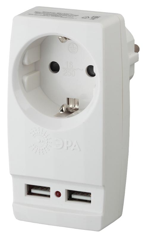 Адаптер SP-1e-USB-W "Polynom" 1гн 220V + 2xUSB 2100mA, c заземл, (белый) (10/60/1440) | Б0026332 | ЭРА — миниатюра 1