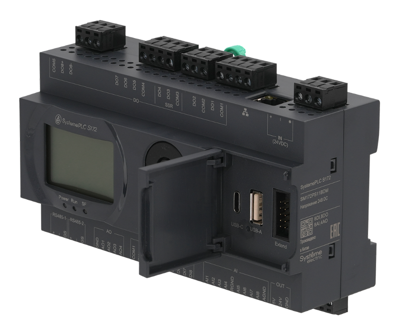 ПЛК S172; 24 VDC; дисплей; 28 IO: 8 DI, 8 DO (6 реле, 2 SSR), 8 AI, 4 AO, 2xRS485, 1xRJ45 | SM172PS11BDM | SE — миниатюра 2