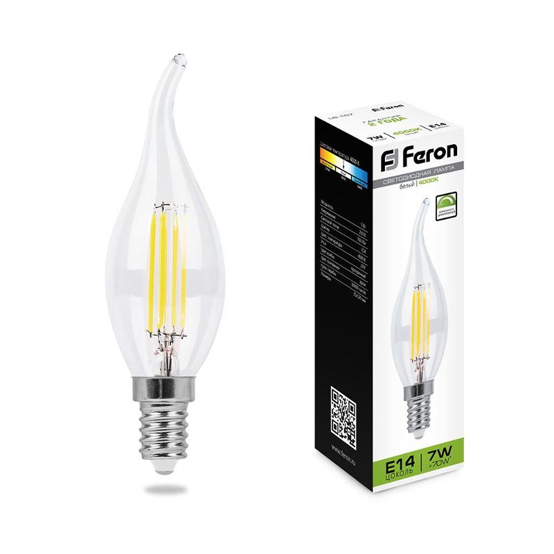 Лампа светодиодная LB-167 (7W) 230V E14 4000K филамент C35T диммируемая прозрачная | 25873 | FERON — Feron