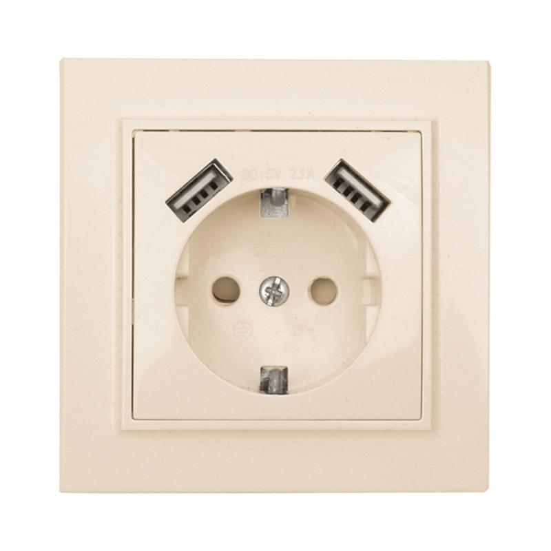 Минск Розетка 1-местная СП с/з 16А бежевая с защ. штор. с 2 USB 2,1А | ERR16-028-200-2USB | EKF — EKF