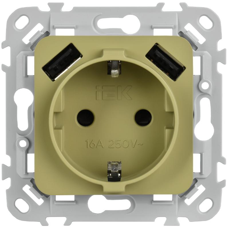 FLITE Розетка с заземлением со шторками 16А с USB A+A 3,1А быстрозажимные клеммы РСЮша11-1-ФлО оливковый | FI-R14-16-1-U21-D31-K26 | IEK — миниатюра 2