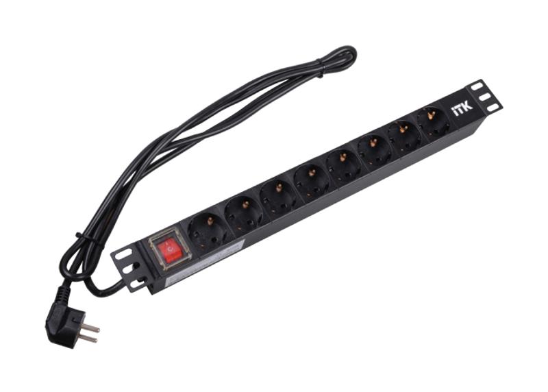 Блок розеток 19 (8шт)PDU с LED выключателем ПВХ 1U шнур 2м вилка DIN49440 (нем.станд) | PH12-8D1-P | ITK — миниатюра 2