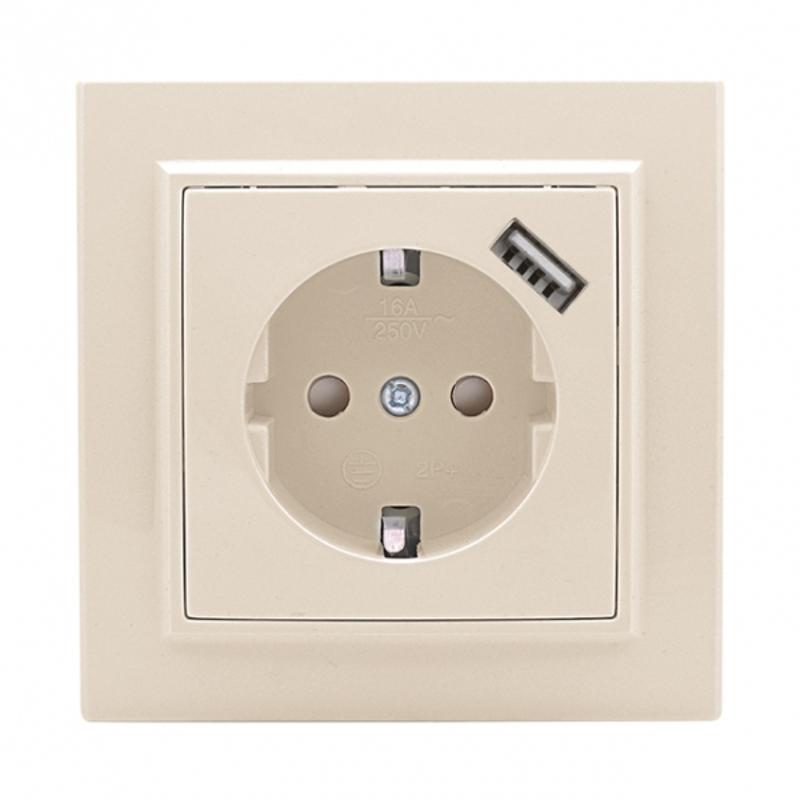 Розетка 1-местная СП с/з Минск 16А бежевая с защ. штор. с USB 1А EKF|ERR16-028-200-USB|EKF — EKF