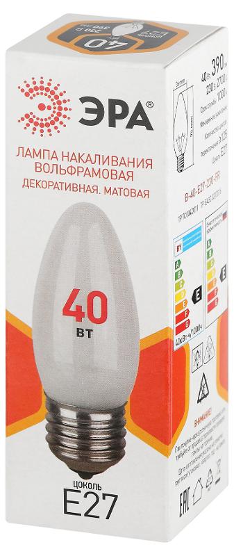 Лампа накаливания  B36 40Вт Е27 / E27 230В  свечка матовая | Б0066400 | ЭРА — миниатюра 2