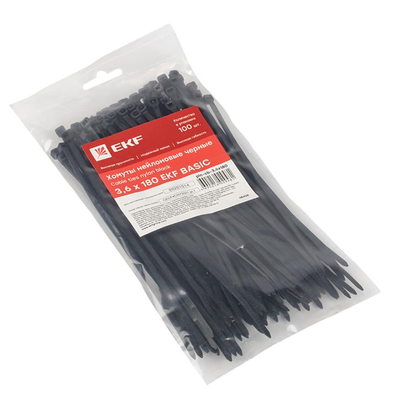 Хомут нейлоновый ЧЕРНЫЙ 3,6х180 (уп./100шт) EKF Simple | plc-cb-3.6x180 | EKF — миниатюра 2