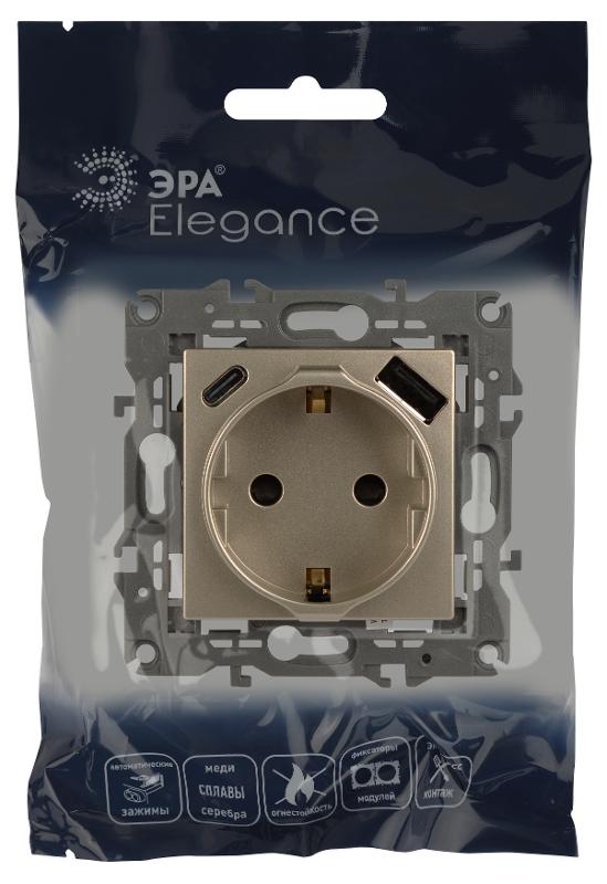 Розетка ЭРА Elegance 14-4108-04 со шторками, 2P+E 16A-250В, с USB type-A+C 5В-3А, шампань | Б0067740 | ЭРА — миниатюра 2