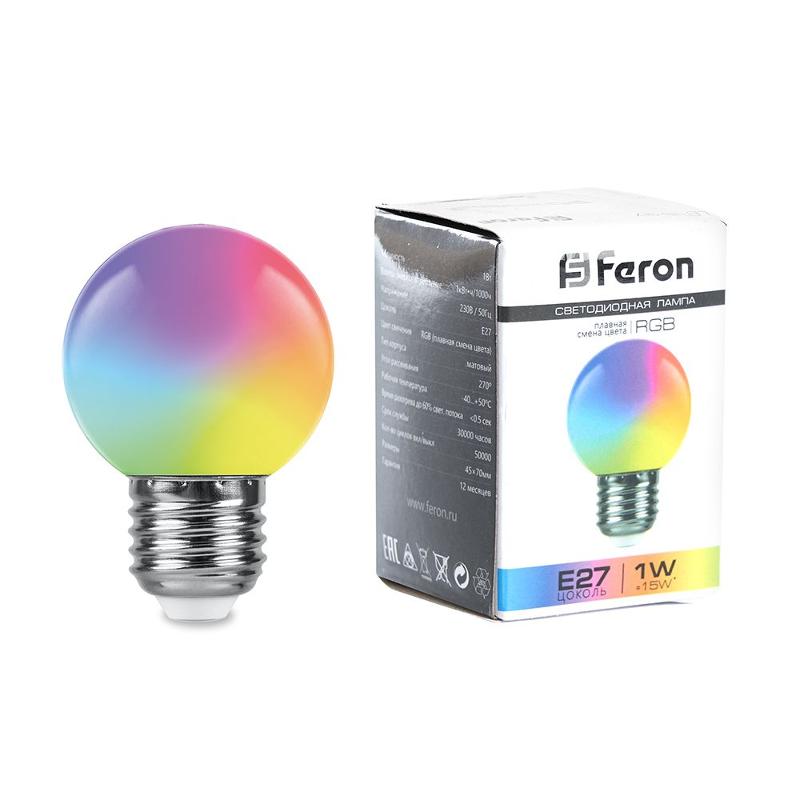 Лампа светодиодная LB-37 (1W) 230V E27 RGB для белт лайта G45 матовый плавная сменая цвета | 38116 | Feron — миниатюра 1