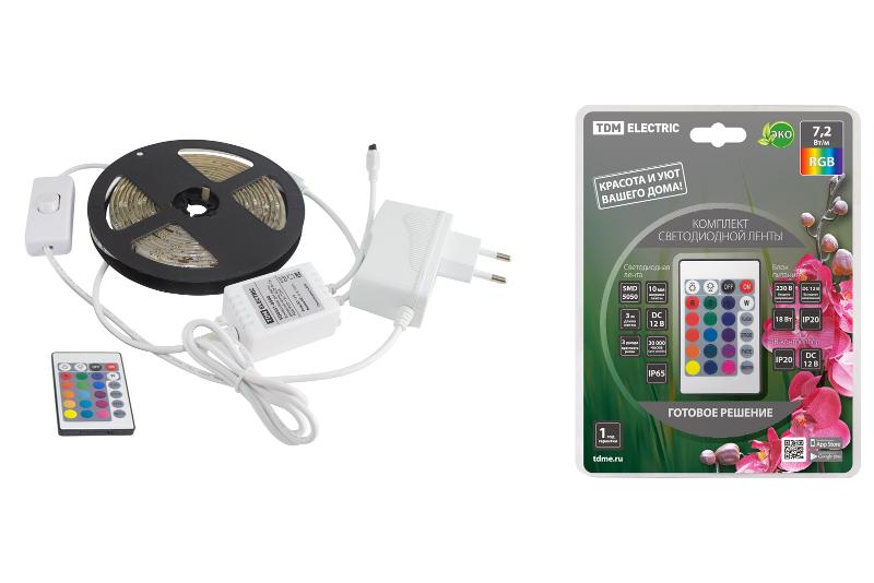 Комплект светодиодной ленты SMD5050-30 LED/м-12 В-7,2 Вт/м-IP65-RGB (3 м), 18 Вт, IR-контроллер  | SQ0331-0236 | TDM — фото 1 | Sento