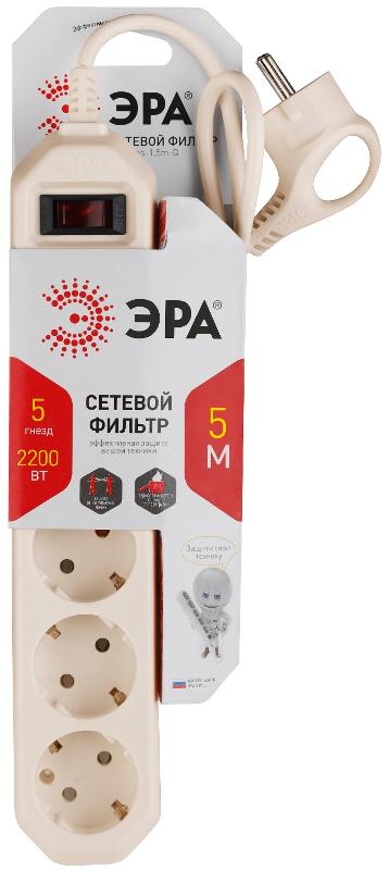 Сетевой фильтр USF-5es-5m-I   (сл.кость) с заземл, 3x0,75мм2, с выкл, 5гн, 5м (20/500) |Б0019739 | ЭРА — миниатюра 2
