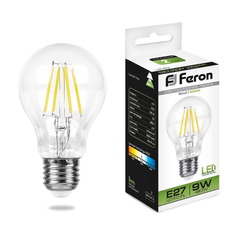 Лампа светодиодная LB-63 (9W) 230V E27 4000K филамент A60 прозрачная | 25632 | FERON — фото 1 | Sento