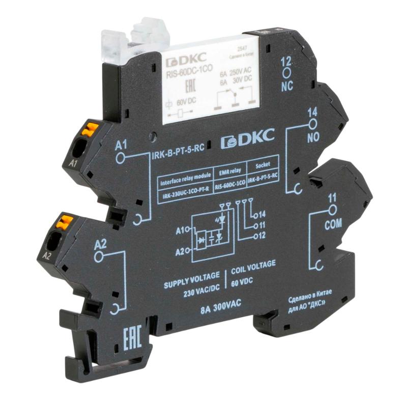 Реле интерфейсное, 1CO, ком. ток 6А, AgSnO₂, напряжение 230V AC/DC, RC- цепь, push-in клеммы. | IRK-230UC-1CO-PT-R | DKC — миниатюра 6