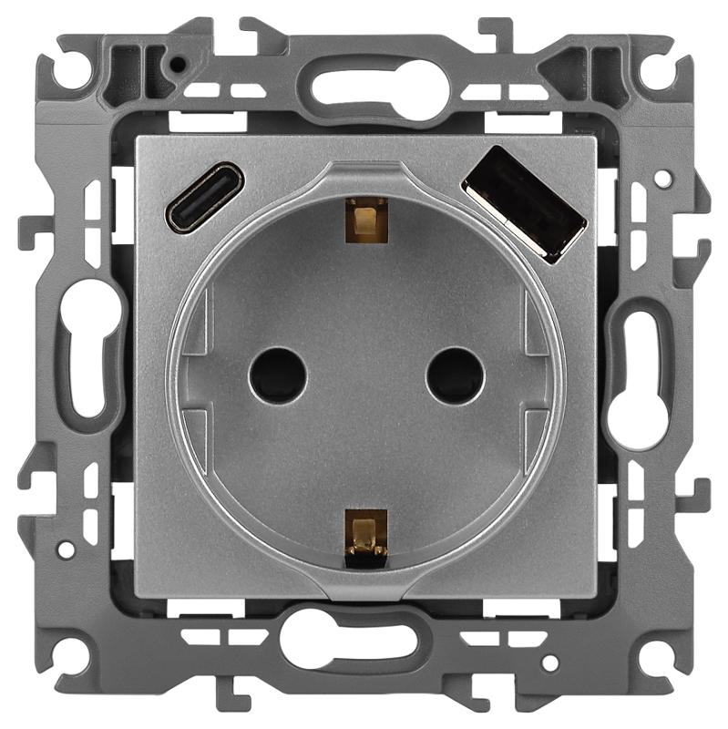 Розетка  Серия 12 12-4108-03 2P+E 16A-250В со шторками с USB type-A+C 5В-3А алюминий | Б0067716 | ЭРА — миниатюра 1