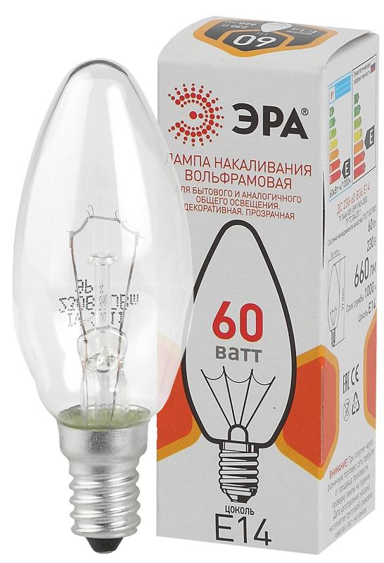 Лампа накаливания ЛОН ДС 60-230-E14-CL  (B36) свечка 60Вт 230В E14 цв. упаковка | Б0039129 | ЭРА — миниатюра 1