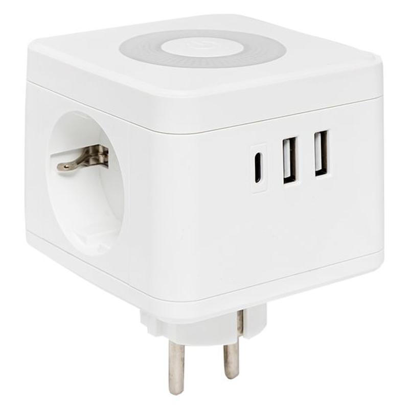 Тройник "Куб" 2 гнезда 2USB 2,4А+Type C + Ночник | UBA-CUB-T2-TC | EKF — EKF