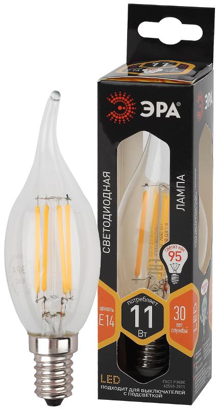 Лампа светодиодная F-LED BXS-11W-827-E14 (филамент, свеча на ветру, 11Вт, тепл, E14) | Б0047001 | ЭРА — миниатюра 1