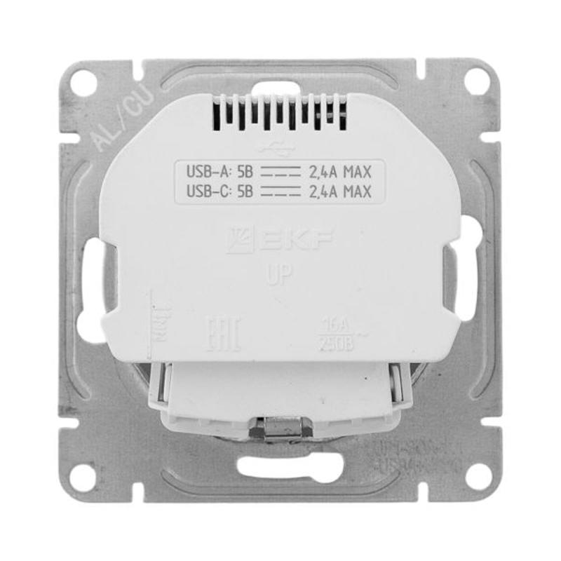 Механизм розетки с USB-A+С - 2шт, 16А, с заземлением, со шторками, белый Эпика | UP1-SOW-111-USBA+USBC | EKF — миниатюра 7