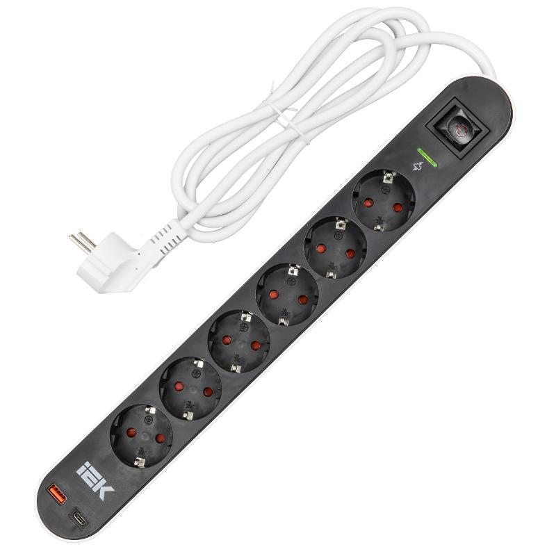 Фильтр сетевой СФ-06К 16А USB A+C 20Вт 1,5м 3х1,5мм2 чер  | WFP10-16-06-01-ZKU-K02 | ИЭК — миниатюра 2