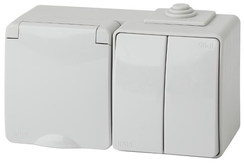 Блок розетка+выключатель 2-клавишный горизонтальный IP65, 16A(10AX)-250В, ОУ,11-7602-03 Эра Эксперт, Серый | Б0035994 | ЭРА — фото 1 | Sento