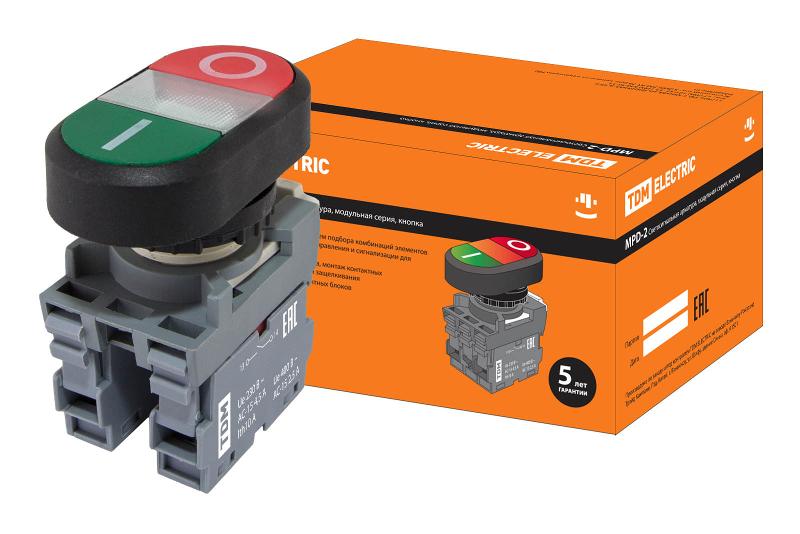 Кнопка двойная MPD2-11С (зеленая/красная) (LED) в сборе d22мм/220В (I/O)  линза прозрачная | SQ0747-0049 | TDM — TDM ELECTRIC