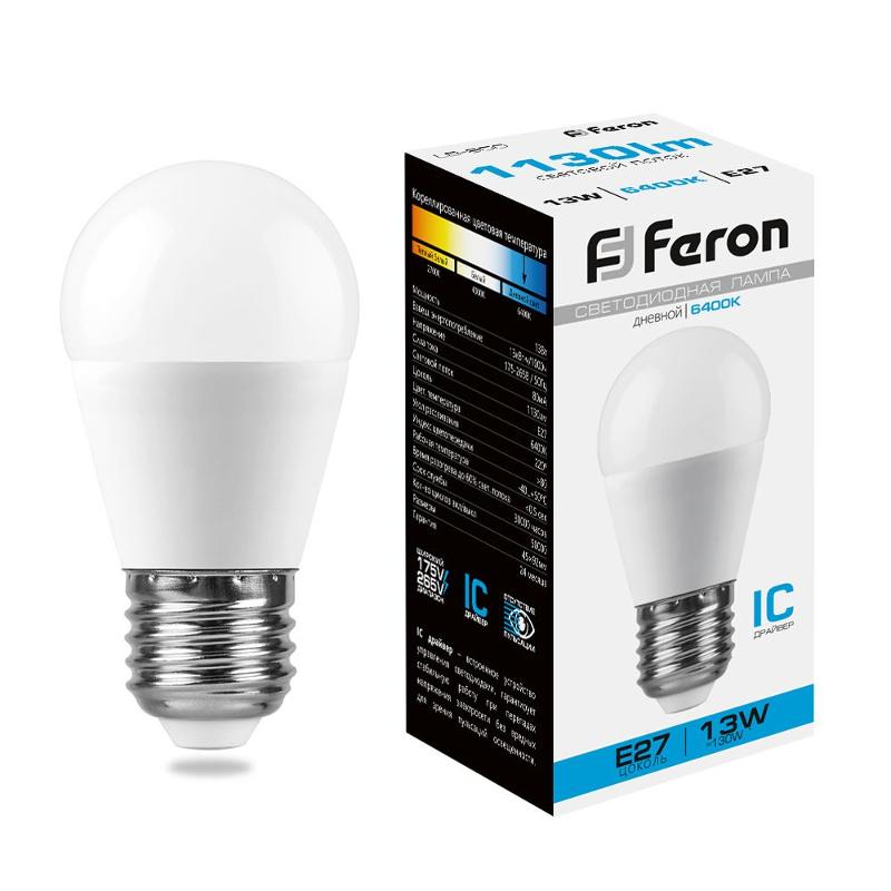 Лампа светодиодная, (13W) 230V E27 6400K G45, LB-950 | 38106 | FERON — миниатюра 1