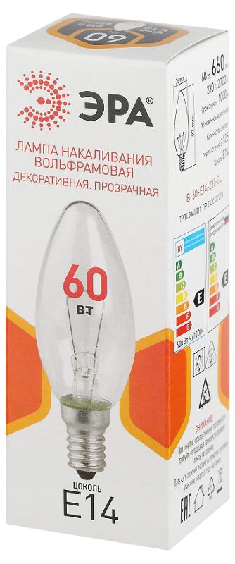 Лампа накаливания  B36 60Вт Е14 / E14 230В  свечка прозрачная | Б0066551 | ЭРА — миниатюра 2