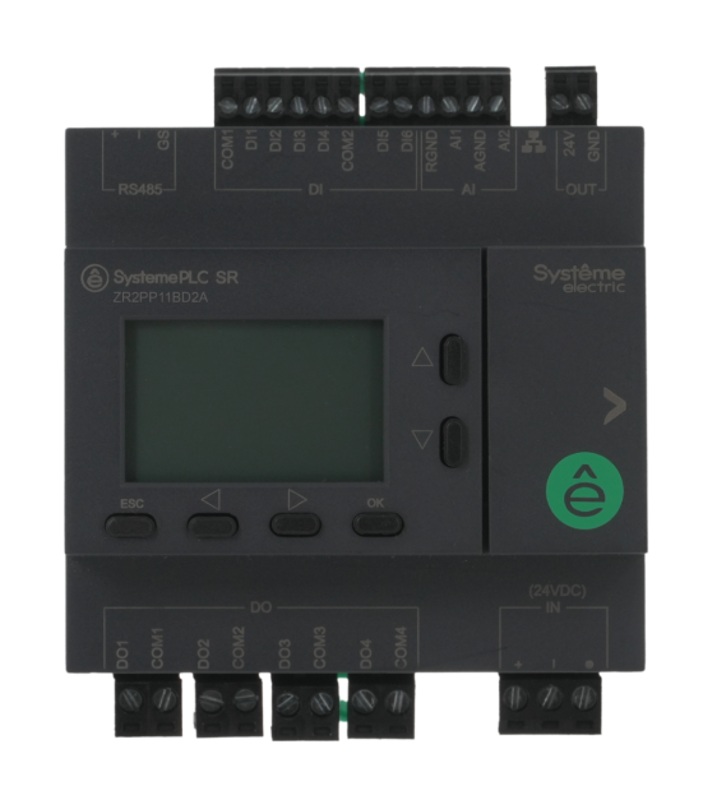 Интеллектуальное реле SR2; 24 VDC; дисплей; 12 IO: 6 DI, 4 DO (реле); 2 AI; 1xRS485, 1xRJ45 | ZR2PP11BD2A | SE — Systeme Electric