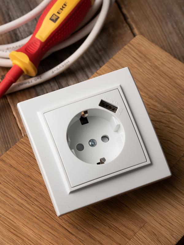 Розетка 1-местная СП с/з Минск 16А белая с защ. штор. с USB  EKF | ERR16-028-100-USB | EKF — миниатюра 2