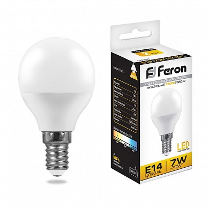 Лампа светодиодная LB-95 (7W) 230V E14 2700K G45 | 25478 | FERON — миниатюра 1