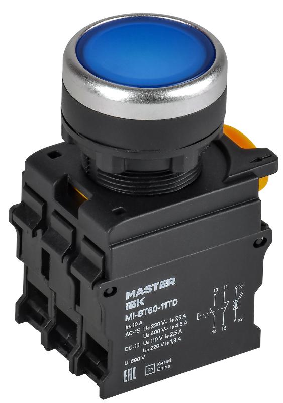Кнопка с подсвет. и фикс. d=22мм 1NO+1NC синяя MASTER | MI-BT60-11TD-3-11-K07 | IEK — IEK (ИЭК)