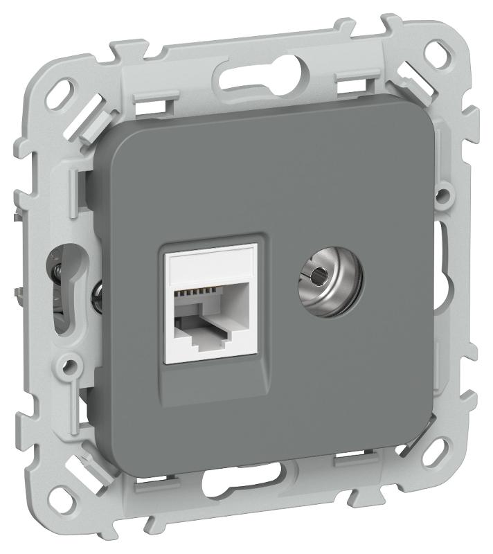 FLITE Розетка 2-ая RJ45/TV кат.5Е UTP РКТВ5е-2-0-ФлМА мокрый асфальт | FI-AK22-1-K80 | IEK — фото 1 | Sento