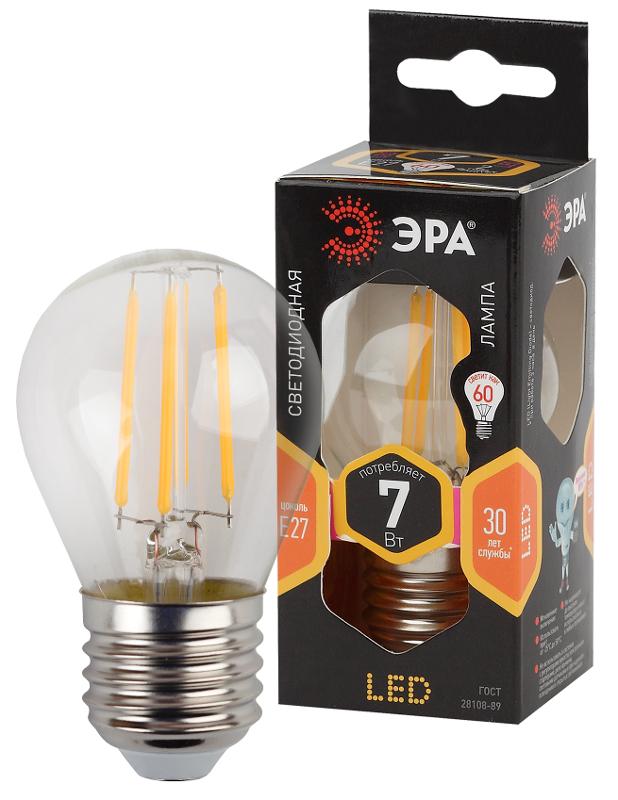 Лампа светодиодная F-LED P45-7W-827-E27 Лампы СВЕТОДИОДНЫЕ F-LED ЭРА (филамент, шар, 7Вт, тепл, E27) | Б0027948 | ЭРА — миниатюра 1
