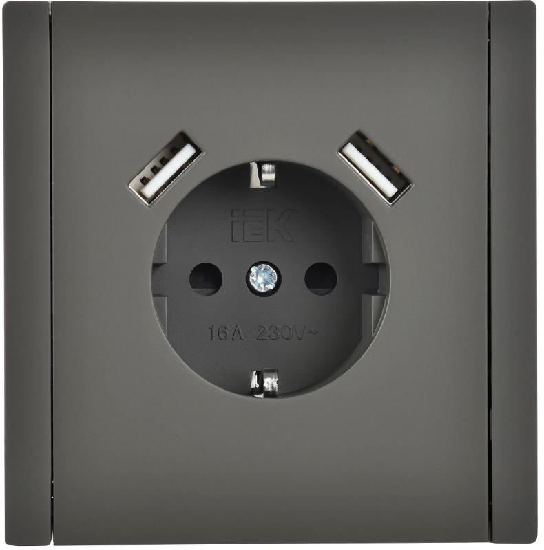 FORTE&PIANO Розетка с заземлением, со шторками в/к 16А USB A+A 3,1А FP345 серый | FP-R14-16-U21-D31-K03 | IEK — миниатюра 2